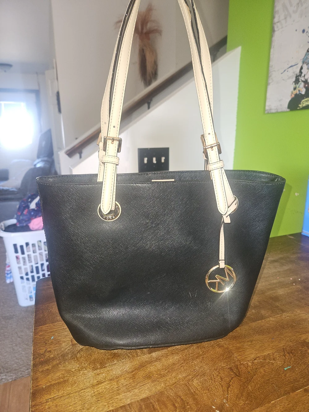 Michael Kors Black Tote with Cream Straps and Gold Accent